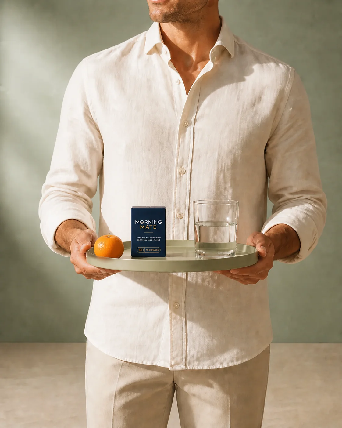 Volwassen gastheer met een dienblad, een Morning Mate-verpakking en een glas water